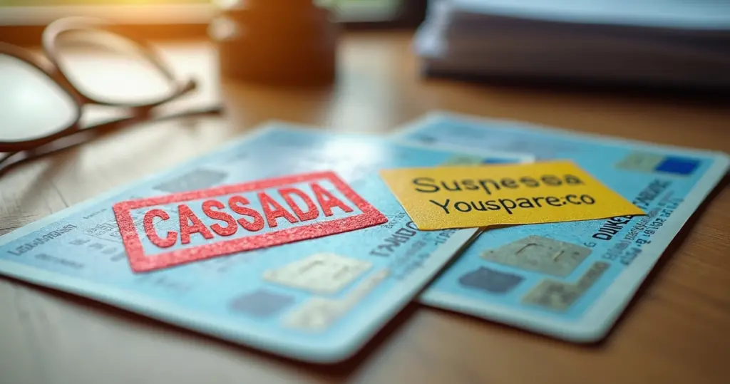 Duas carteiras de motorista, uma com selo vermelho de cassada e outra com selo amarelo de suspensa, lado a lado sobre uma mesa