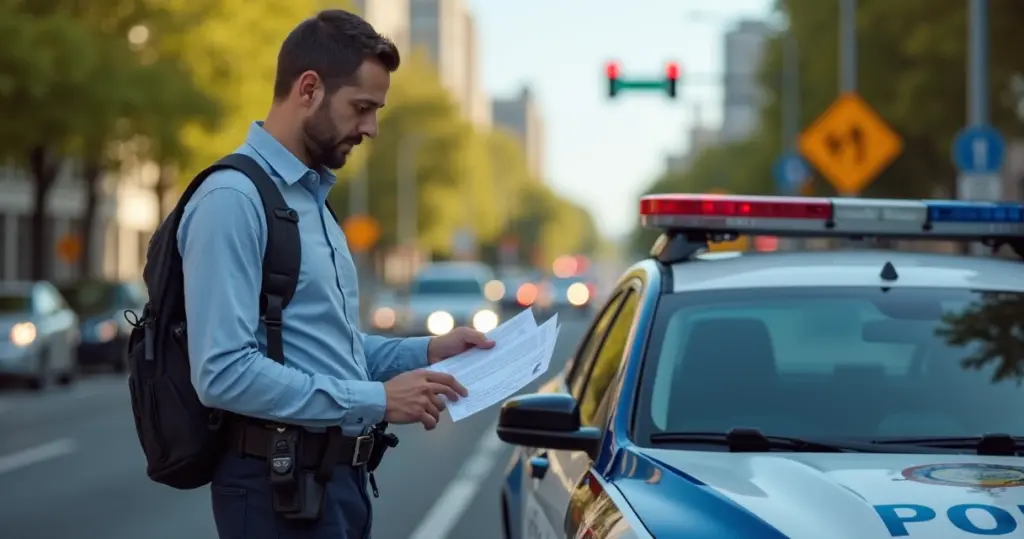 Motorista consultando documentos de trânsito ao lado de viatura em ambiente urbano