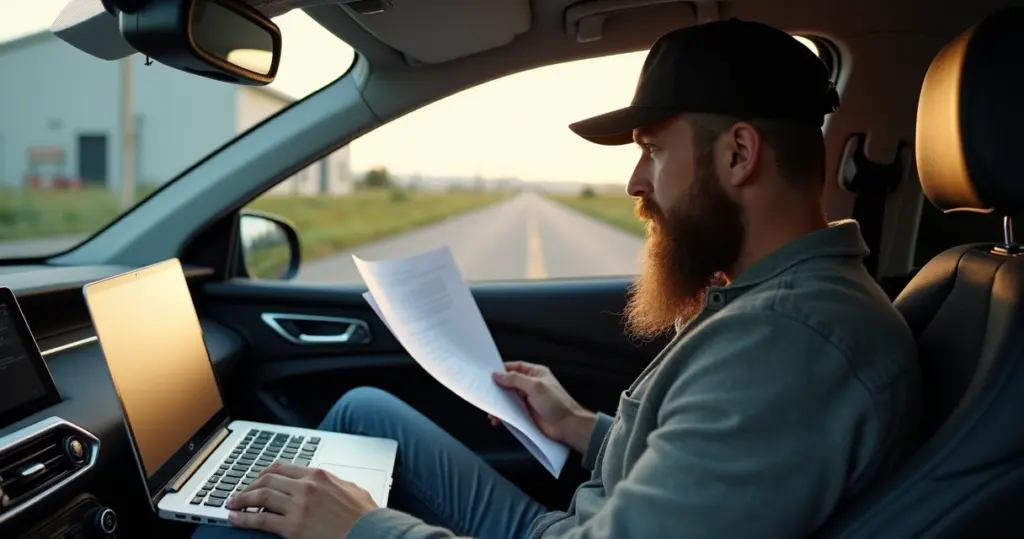 Motorista consultando multa de trânsito com documentos e laptop em mesa organizada
