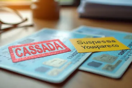 Duas carteiras de motorista, uma com selo vermelho de cassada e outra com selo amarelo de suspensa, lado a lado sobre uma mesa