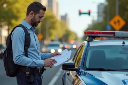 Motorista consultando documentos de trânsito ao lado de viatura em ambiente urbano
