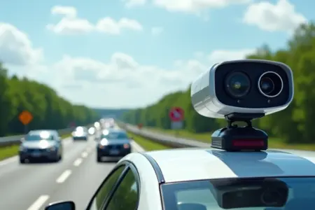 Radar de trânsito instalado sobre viatura na estrada com carros ao redor