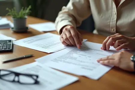 Motorista analisando notificação de multa na mesa com documentos e calculadora